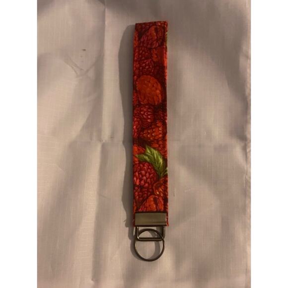 Cottagecore Berry Print Wristlet Keychain Red & Green Fabric Handmade - Picture 2 of 2